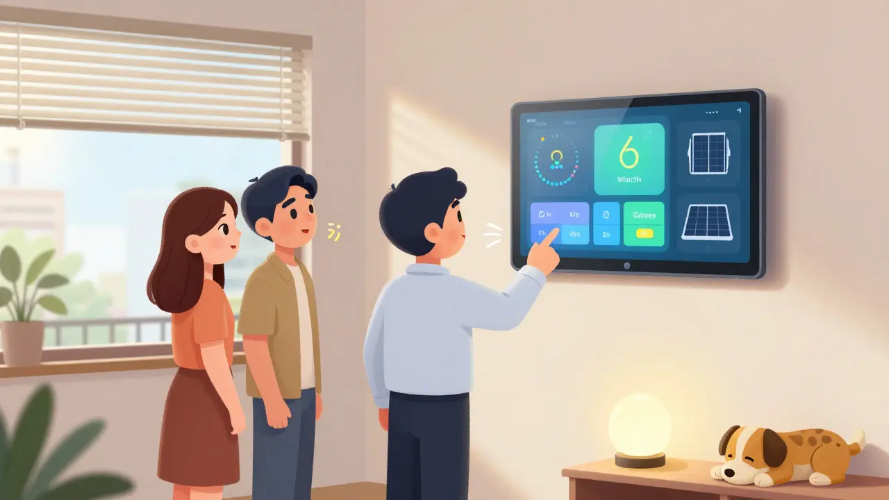 Real estate agent showing a couple a smart home with energy dashboard and automated blinds.