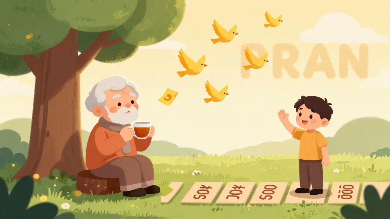 Retiree enjoying tea as golden annuity birds fly up, younger self on contribution path.