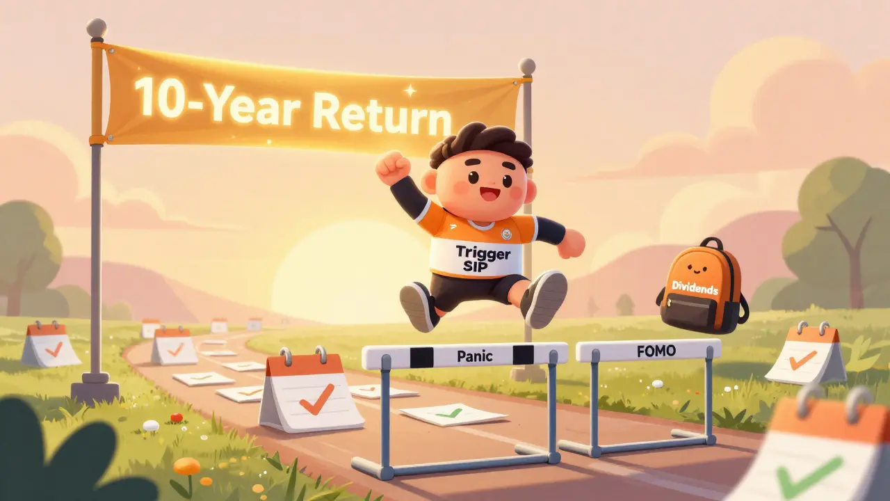 Runner in 'Trigger SIP' jersey crosses finish line, avoiding hurdles of market emotions.