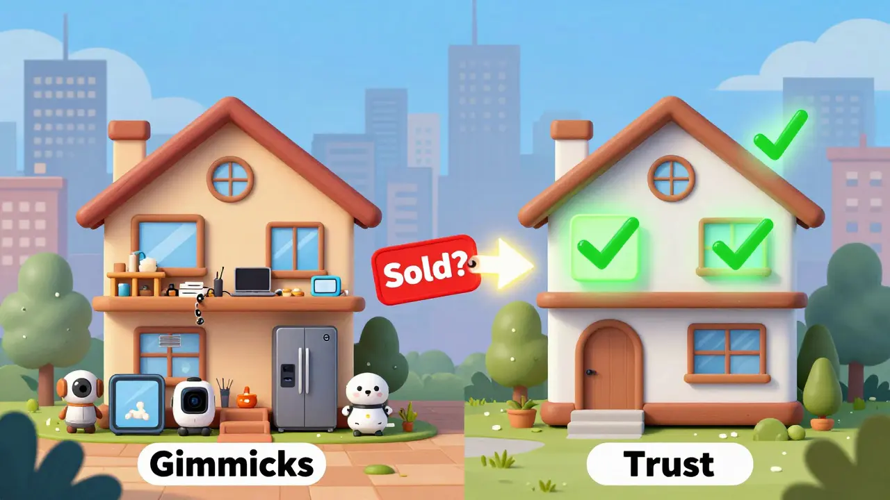 Side-by-side: messy smart gadgets vs. clean integrated system, symbolizing trust in home value.