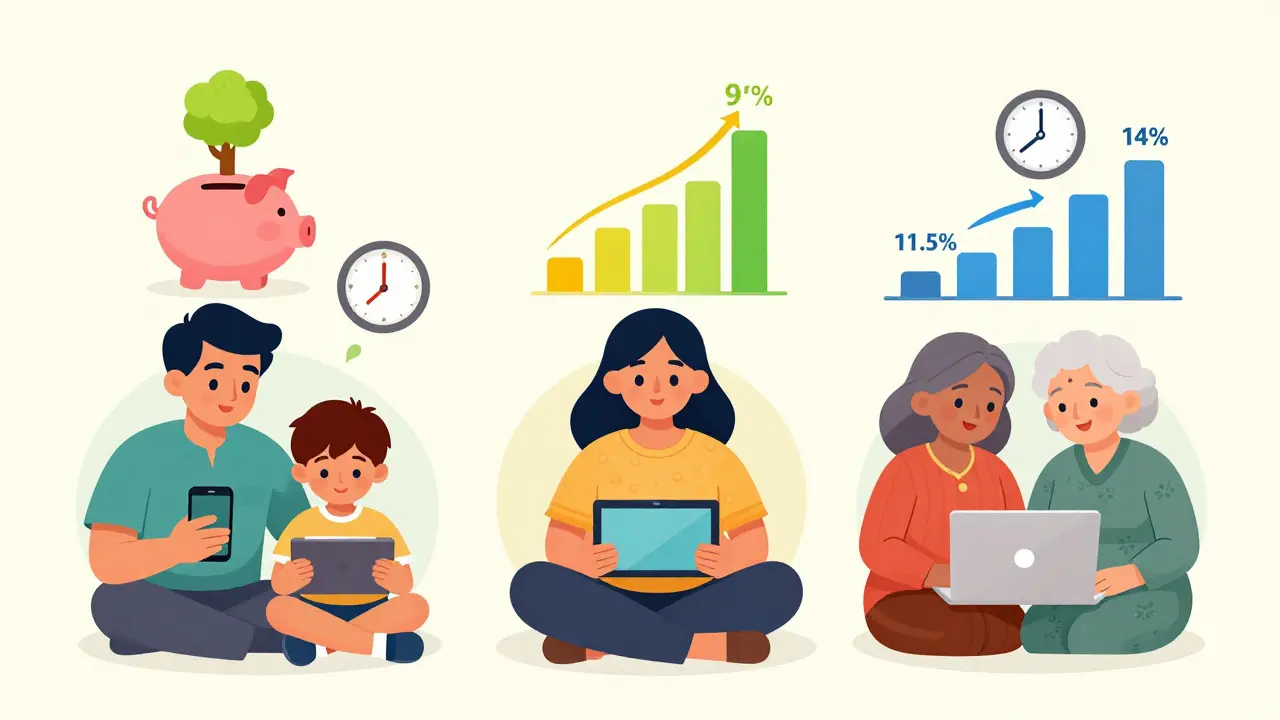 Three Indian families use SIP calculators, each seeing different growth graphs rising above them in colorful, hopeful visuals.