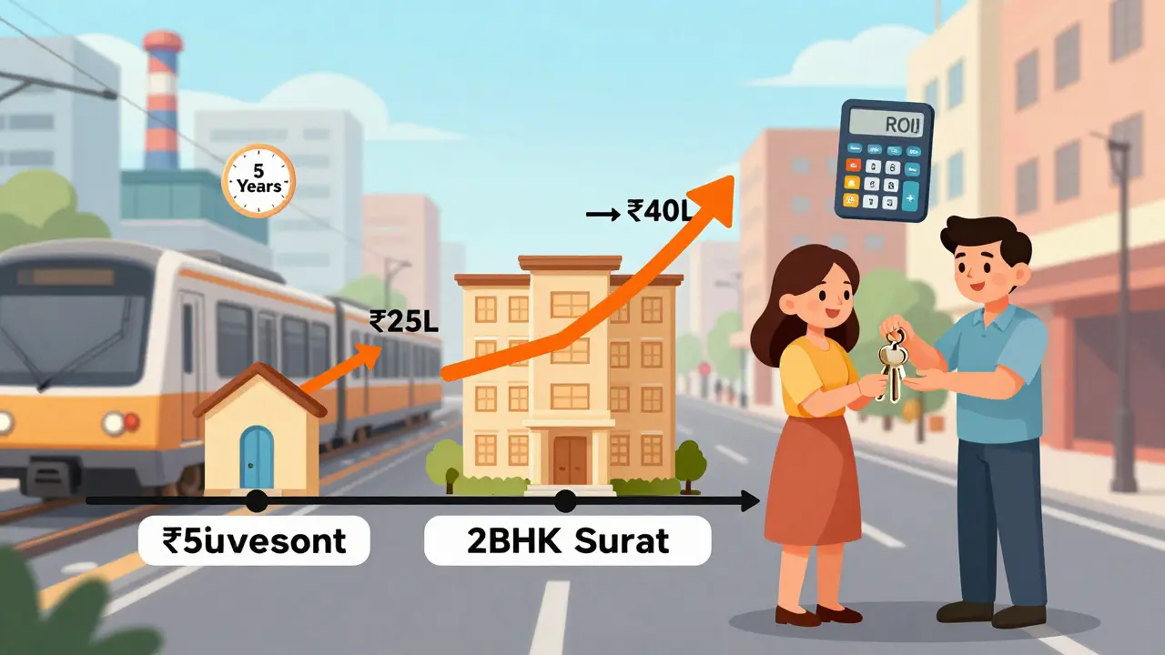 Timeline showing a home investment growing from ₹25L to ₹40L, with a couple handing keys to a tenant in Surat.