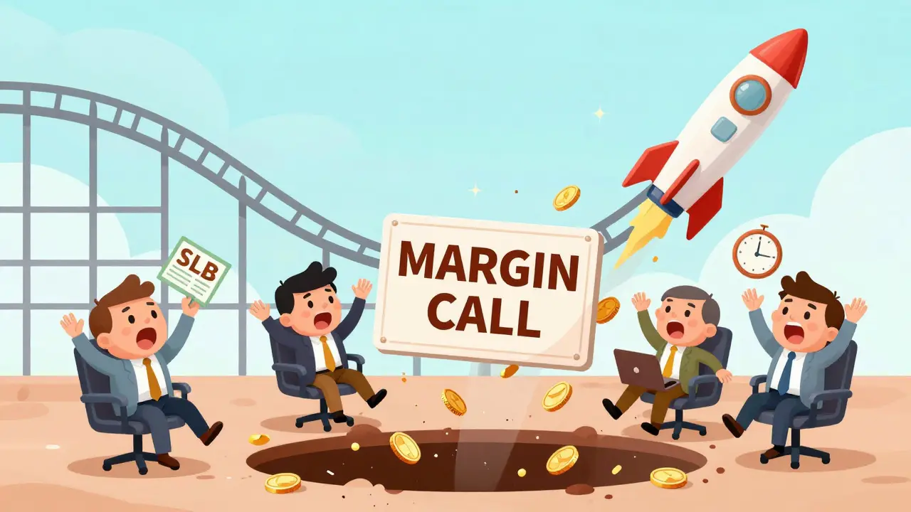 Traders panicking as a stock price rockets up, with a margin call sign looming over them.
