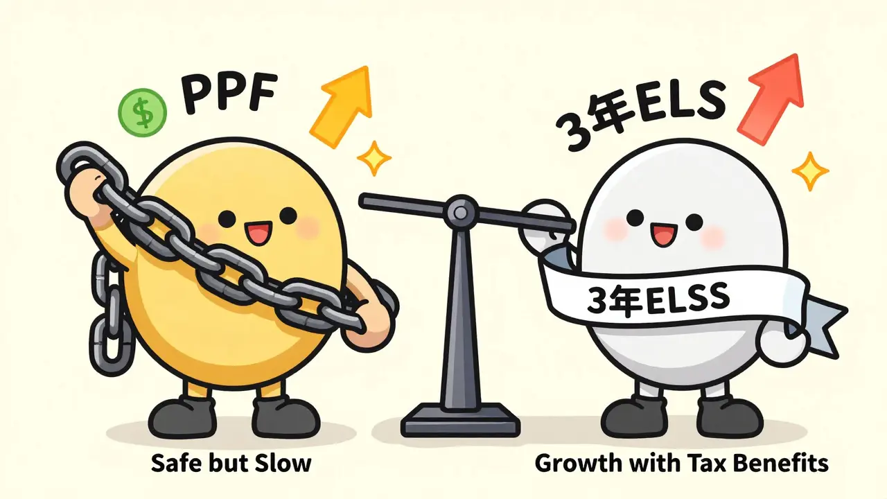 Two characters comparing a heavy 15-year PPF chain to a light 3-year ELSS ribbon on a balanced scale.