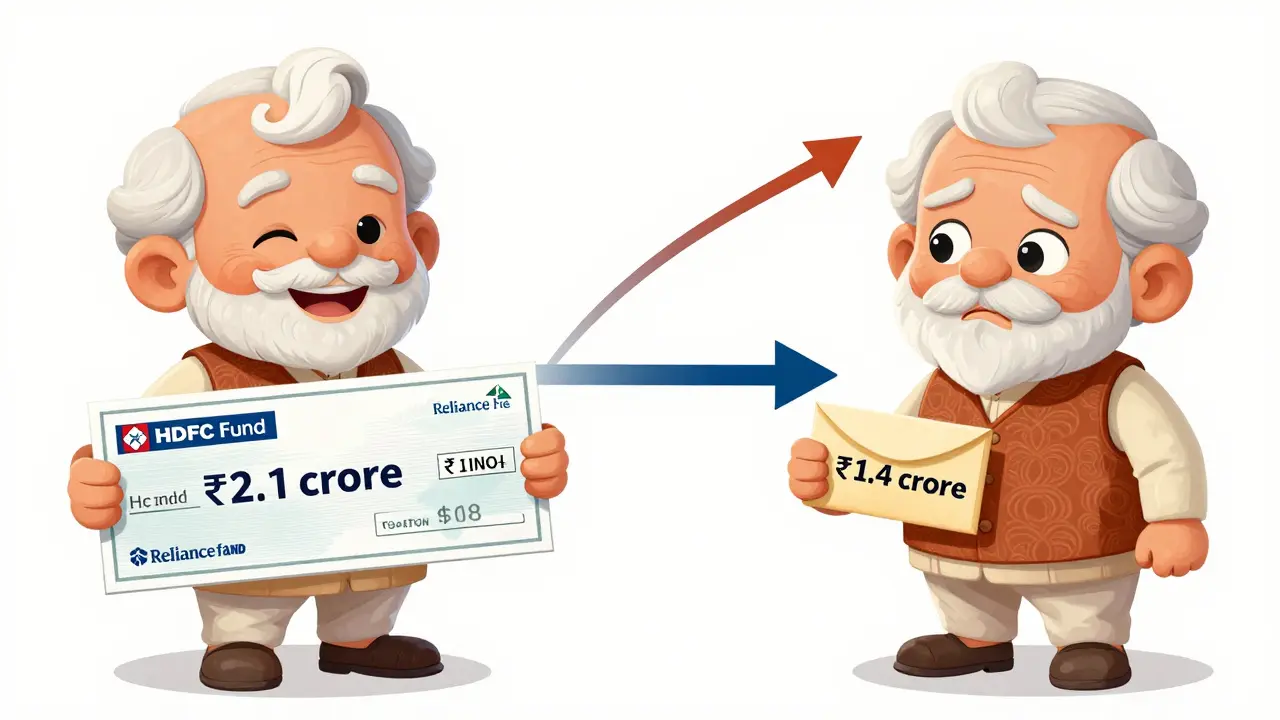 Two elderly retirees comparing retirement sums: one joyful with ₹2.1 crore, the other confused with ₹1.4 crore.