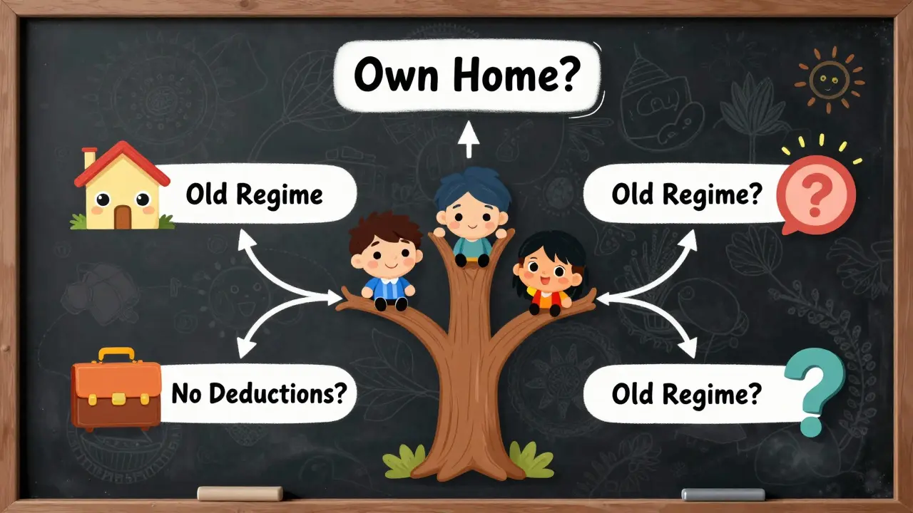 A colorful flowchart tree guiding Indian taxpayers to choose between old and new tax regimes.