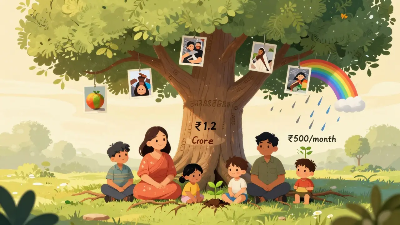 A family enjoys fruit from a tree grown by a small SIP sapling, representing long-term wealth creation.