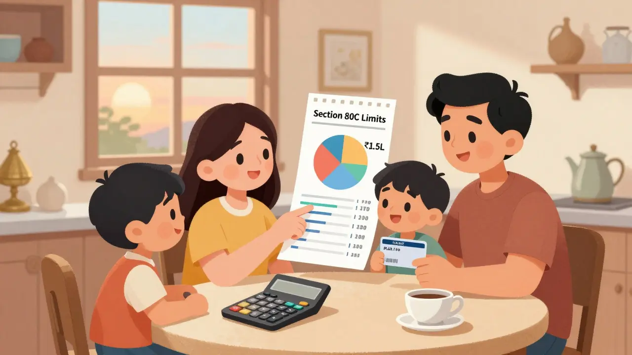 A family reviews a tax savings plan with a post office deposit receipt on a kitchen table.