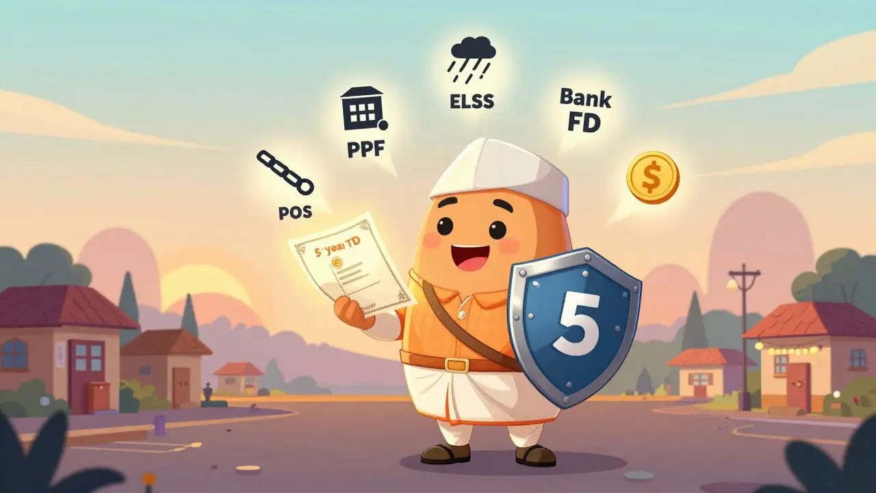 A friendly post office worker holds a glowing 5-year TD certificate as a tax-saving shield.