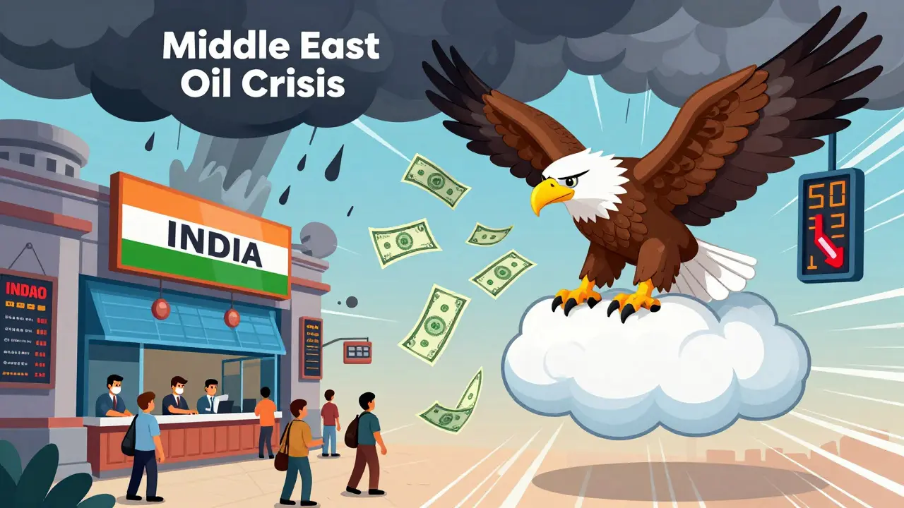 A giant U.S. Fed eagle pours money into India’s stock market while a dark oil crisis cloud causes prices to fall.