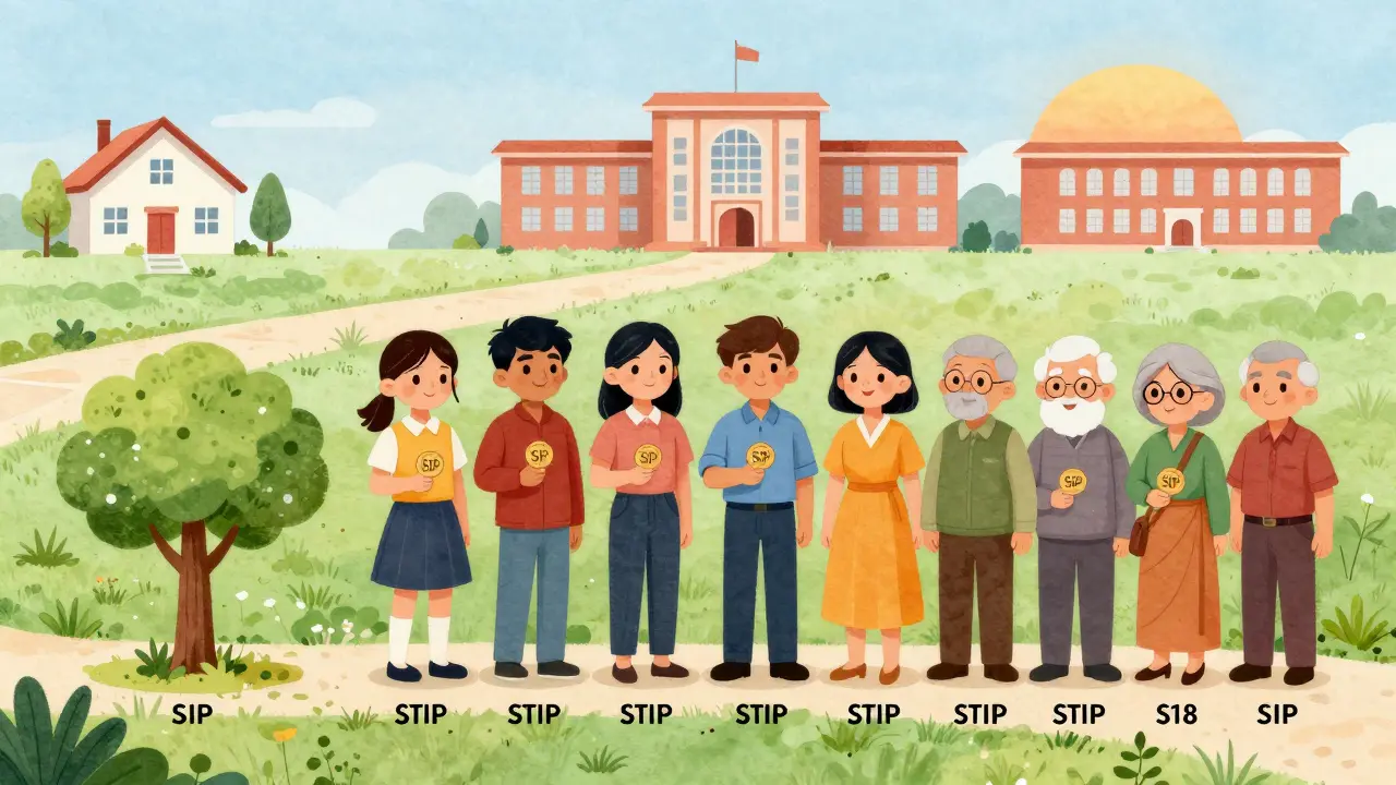 A group of Indians walk a path of years, each step leading toward a home, college, and sunset.