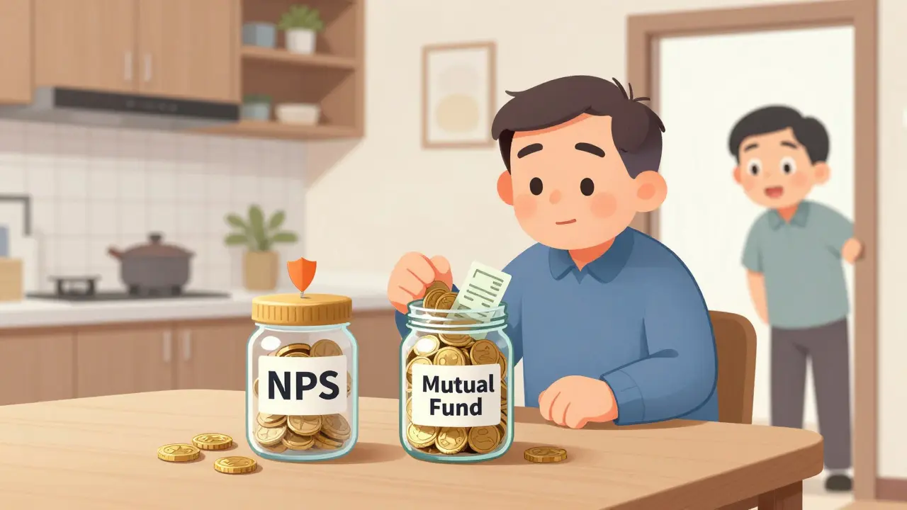 A man compares NPS and mutual fund savings jars at home, with a younger version of himself looking on.