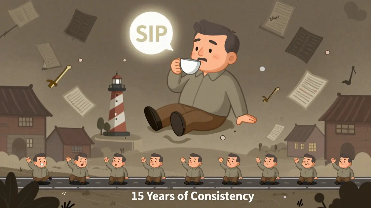 A man floats calmly above market chaos, his SIP icon glowing like a lighthouse through years of volatility.