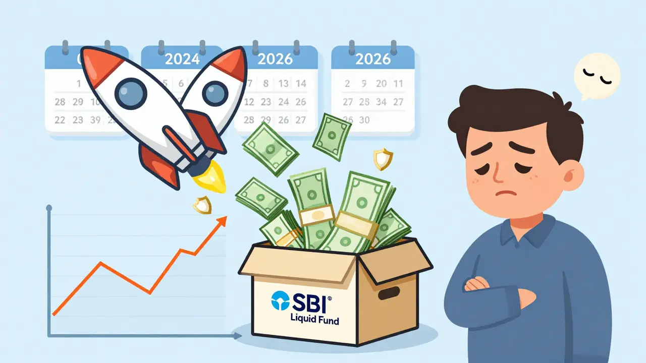 A man sees his savings transform into equity investments via 16 monthly STP transfers, with market dips shown as gentle curves.