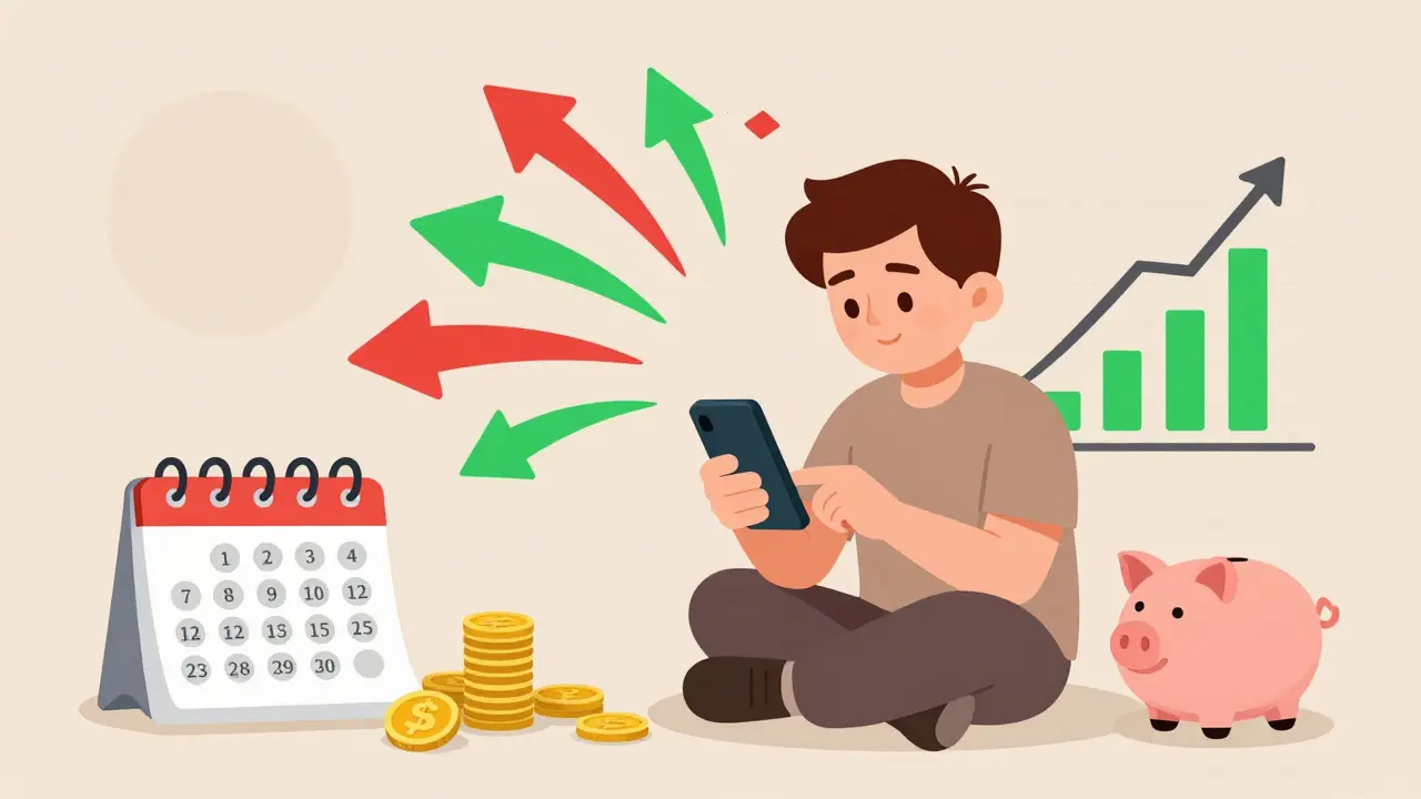 A man stays calm as market swings swirl around him, while his SIP investment steadily grows over time.