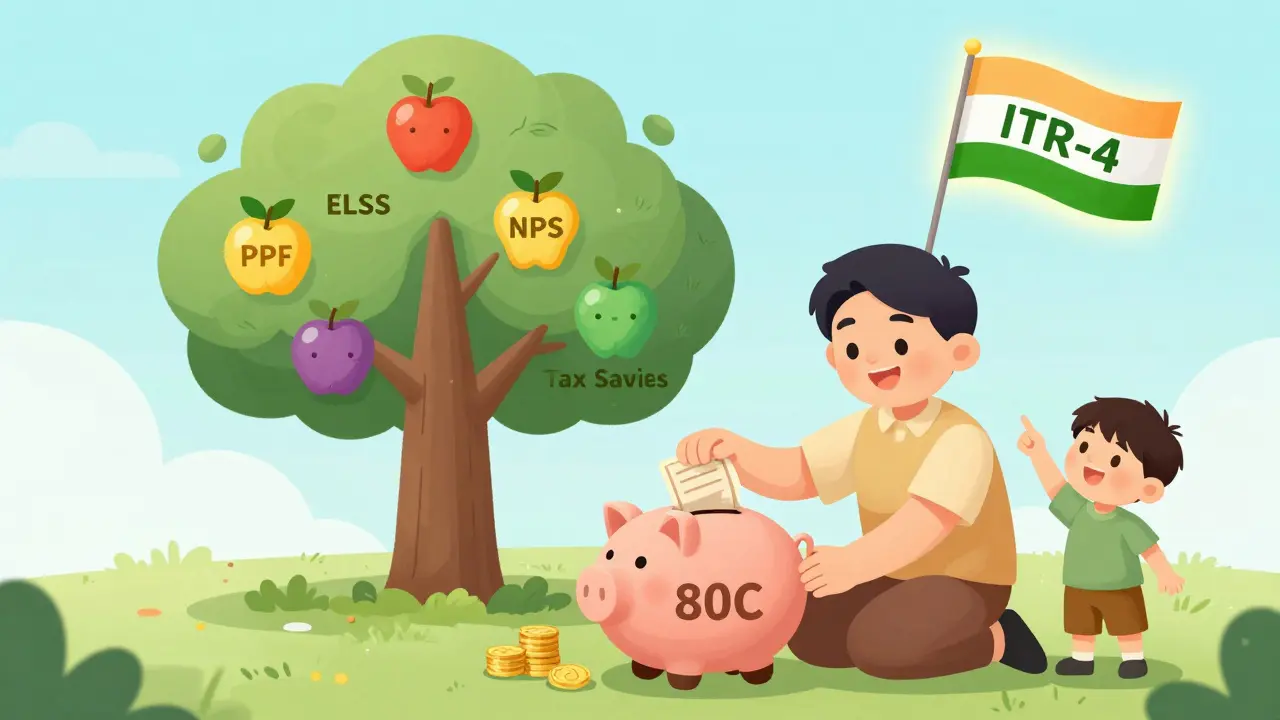 A parent invests in tuition and tax-saving instruments as a tree grows with fruits representing PPF, ELSS, and NPS benefits.