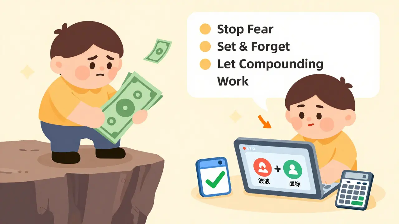 A person chooses a calm STP path instead of risky lump-sum investing, with simple icons showing automated transfers.