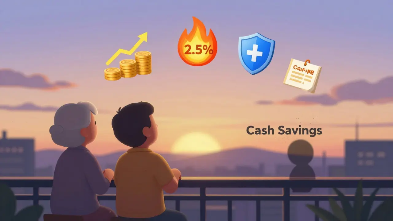 A retired couple enjoys sunset, surrounded by icons of a growing investment portfolio and health protection.