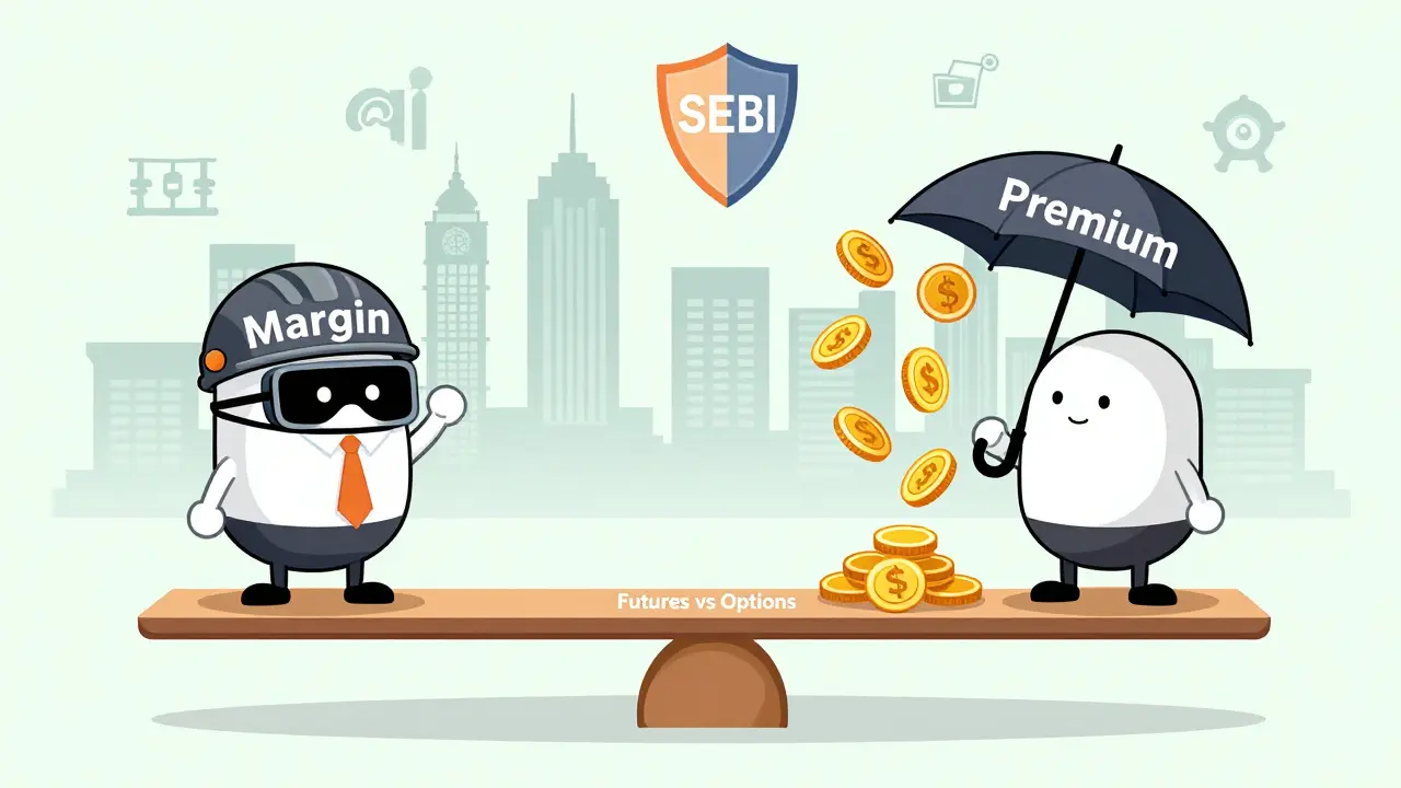 A seesaw balancing futures and options with risk and protection symbols, set against Indian financial skyline