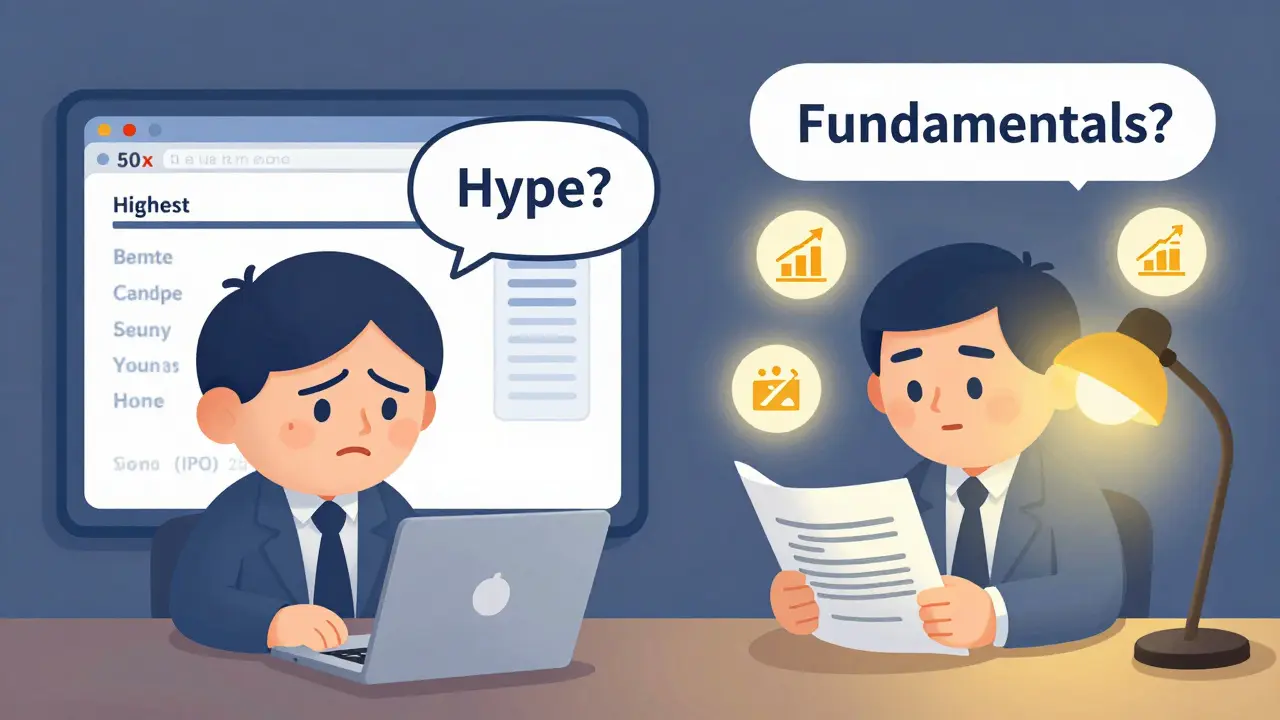 A split scene showing a nervous investor chasing IPO hype versus a calm one reading the prospectus for fundamentals.