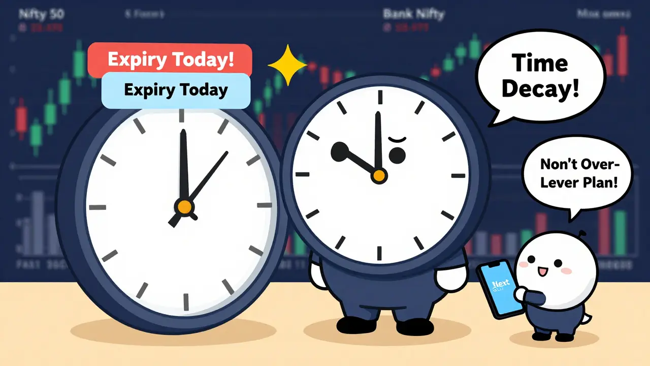 A trader watching an expiry clock while another sets a trade plan, with market candles in background