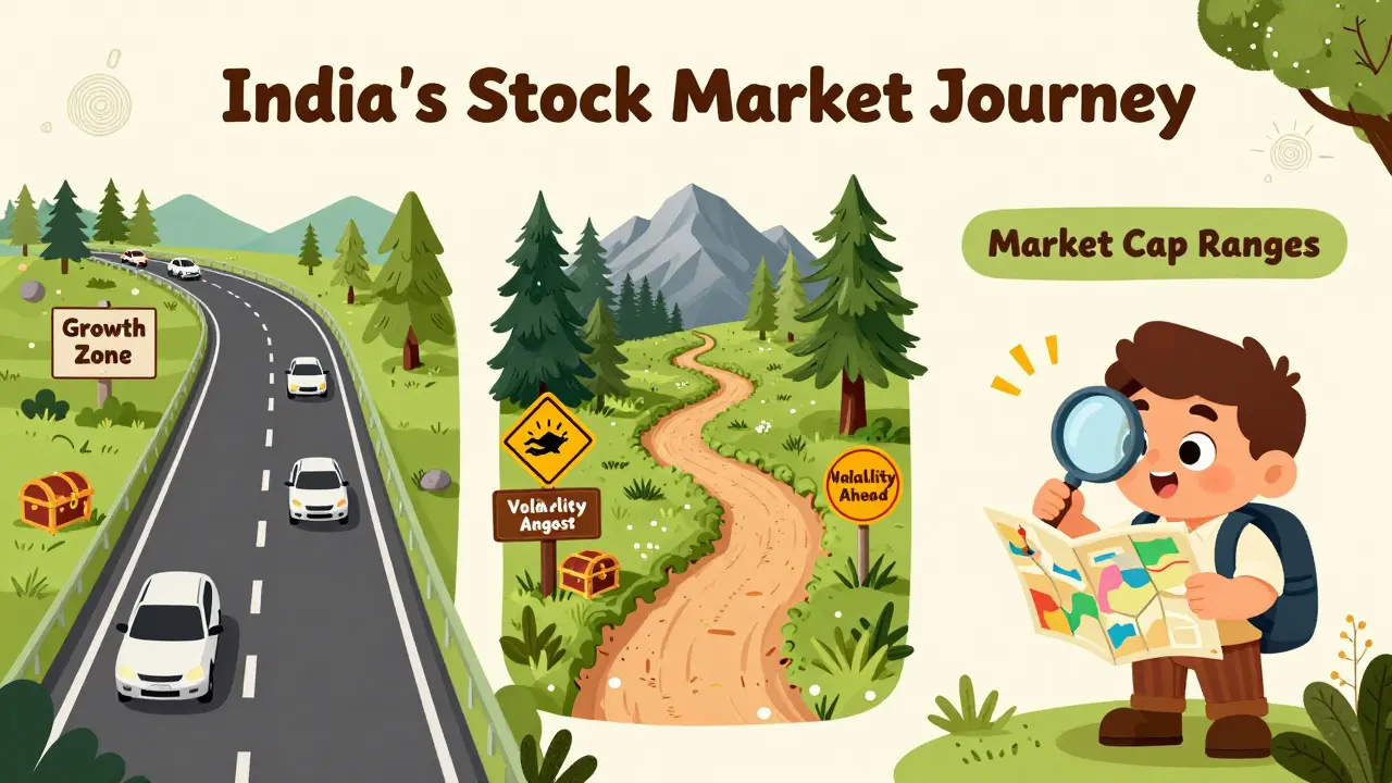 A winding road with three paths symbolizing large-cap, mid-cap, and small-cap stock journeys in India.
