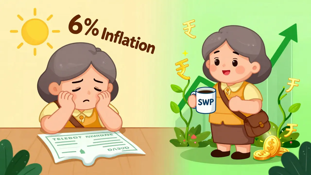 A woman watches her fixed deposit melt while her mutual fund investments grow above her.