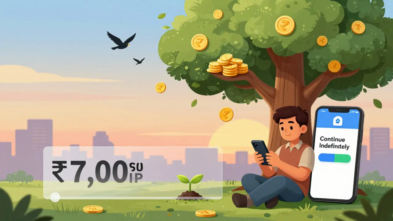 A young man's small monthly SIP grows into a tree worth over a crore, with market birds flying around him.