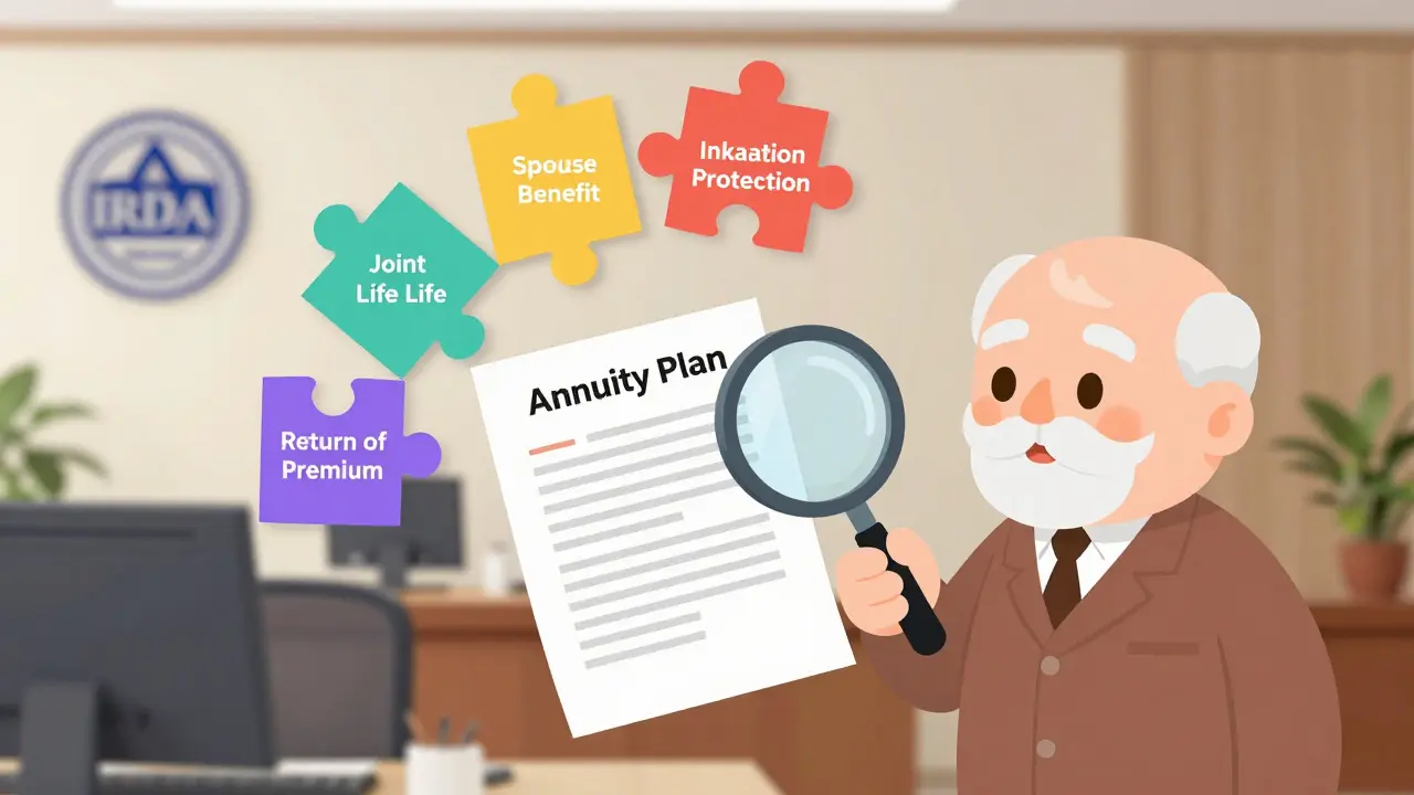 An elderly man examines annuity plan options with floating icons for spouse, inflation, and premium return.