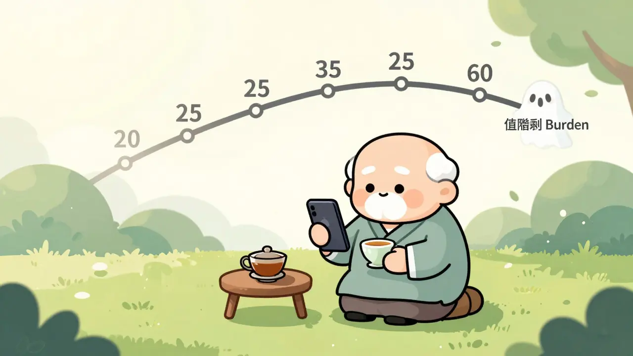 An elderly person receives annuity payments while a faded 'financial burden' ghost disappears in the background.