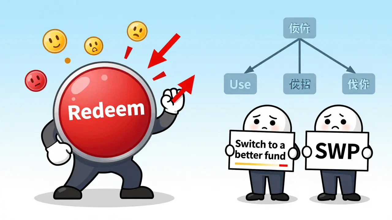 An investor hesitating to redeem during a market dip, guided by better alternatives: switch or SWP.