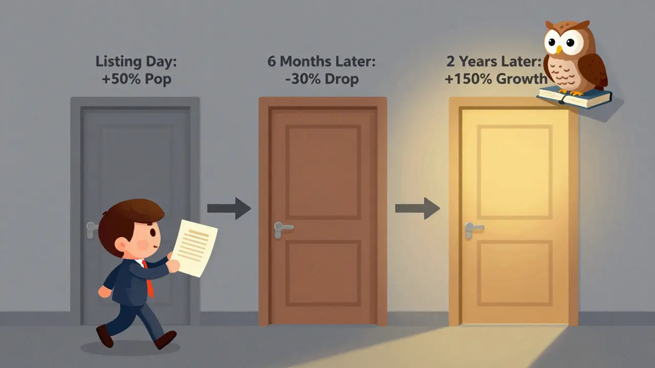 An investor walking through three stages of IPO outcomes, guided by a wise owl pointing to long-term growth.