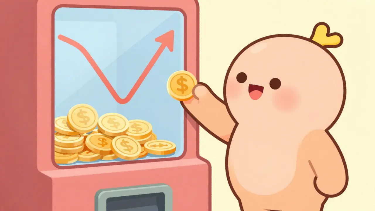 Character adding coins to SIP machine during market fluctuations creating smooth average trend