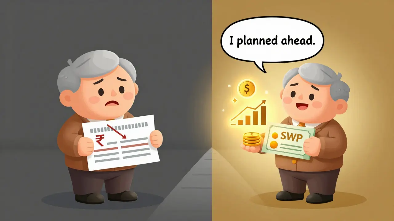 Contrast between a stressed retiree with shrinking FD and a calm one with stable SWP income and inheritance path.