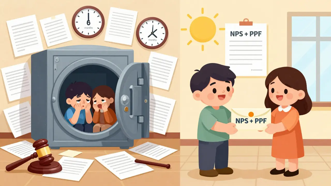 Contrasting scenes: legal delays vs smooth payout for family after proper nomination.