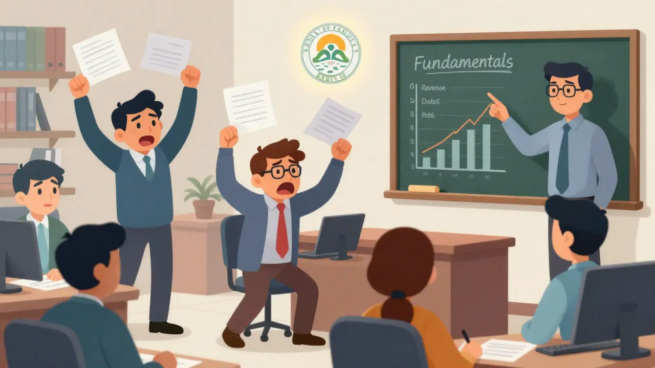 Diverse investors react emotionally to market news, while an analyst points to financial fundamentals on a chalkboard.