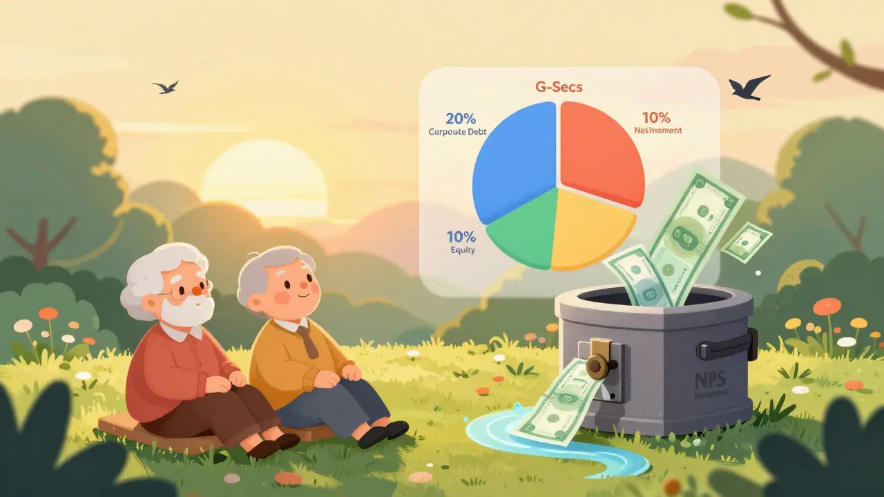 Elderly couple in garden with floating NPS pie chart and rupee notes flowing into a secure vault at sunset.