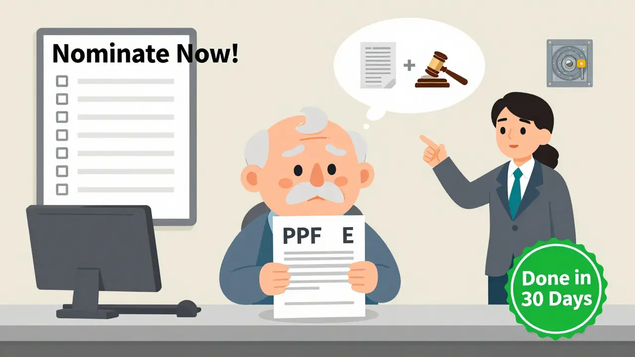 Elderly man at post office learning to fill PPF nomination form with guidance.