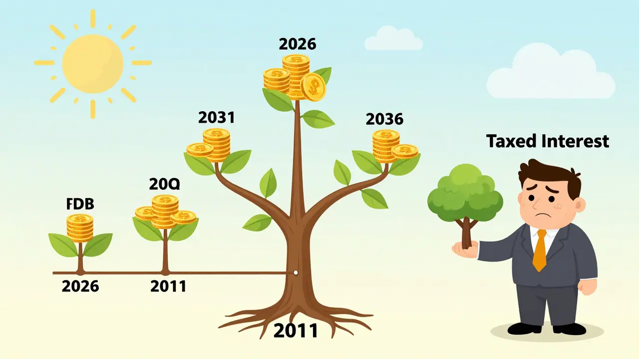 Family tree growing from a PPF account with golden coins and tax-free symbols in five-year blocks.