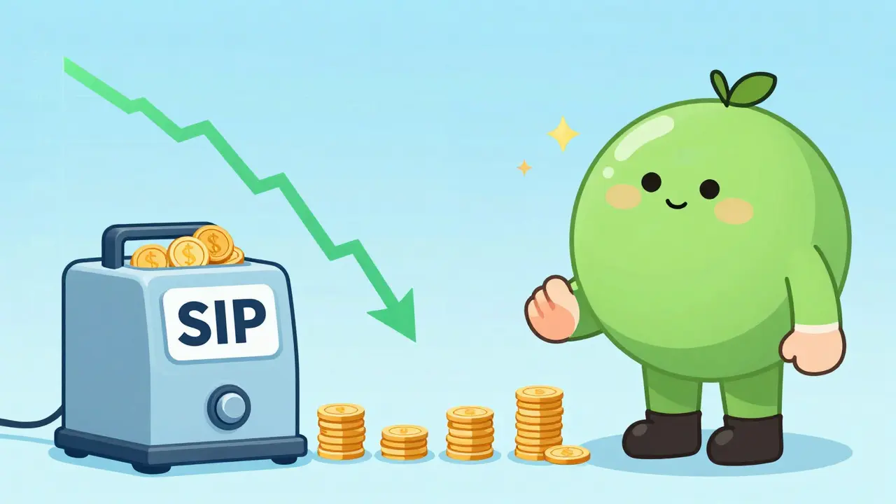 Investor continuing SIP during market dip versus stopping, showing different outcomes