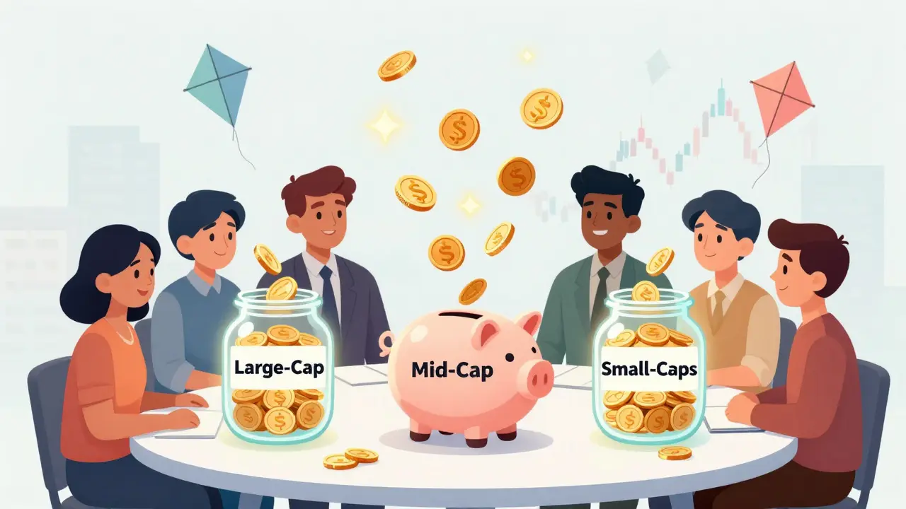 Investors placing different types of coins into a portfolio piggy bank labeled by market cap categories.
