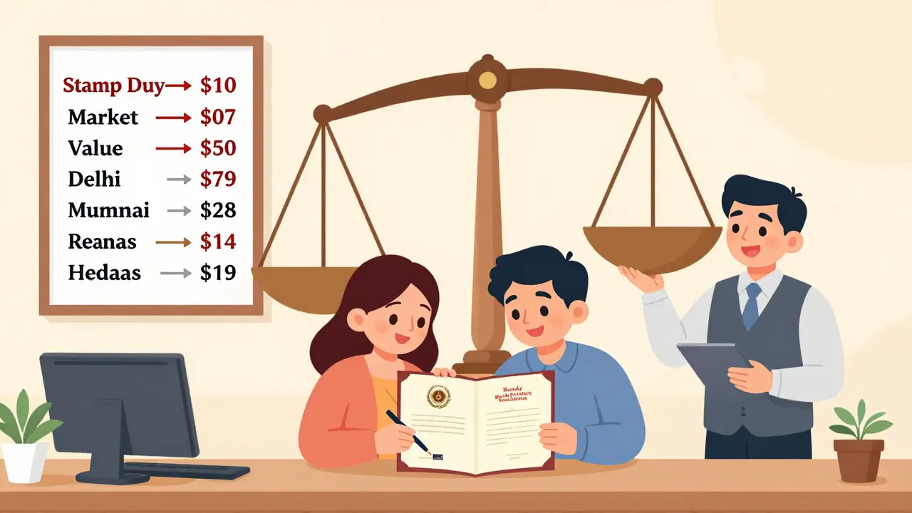 Man and woman signing property deed at Sub-Registrar office with state duty rates displayed on wall