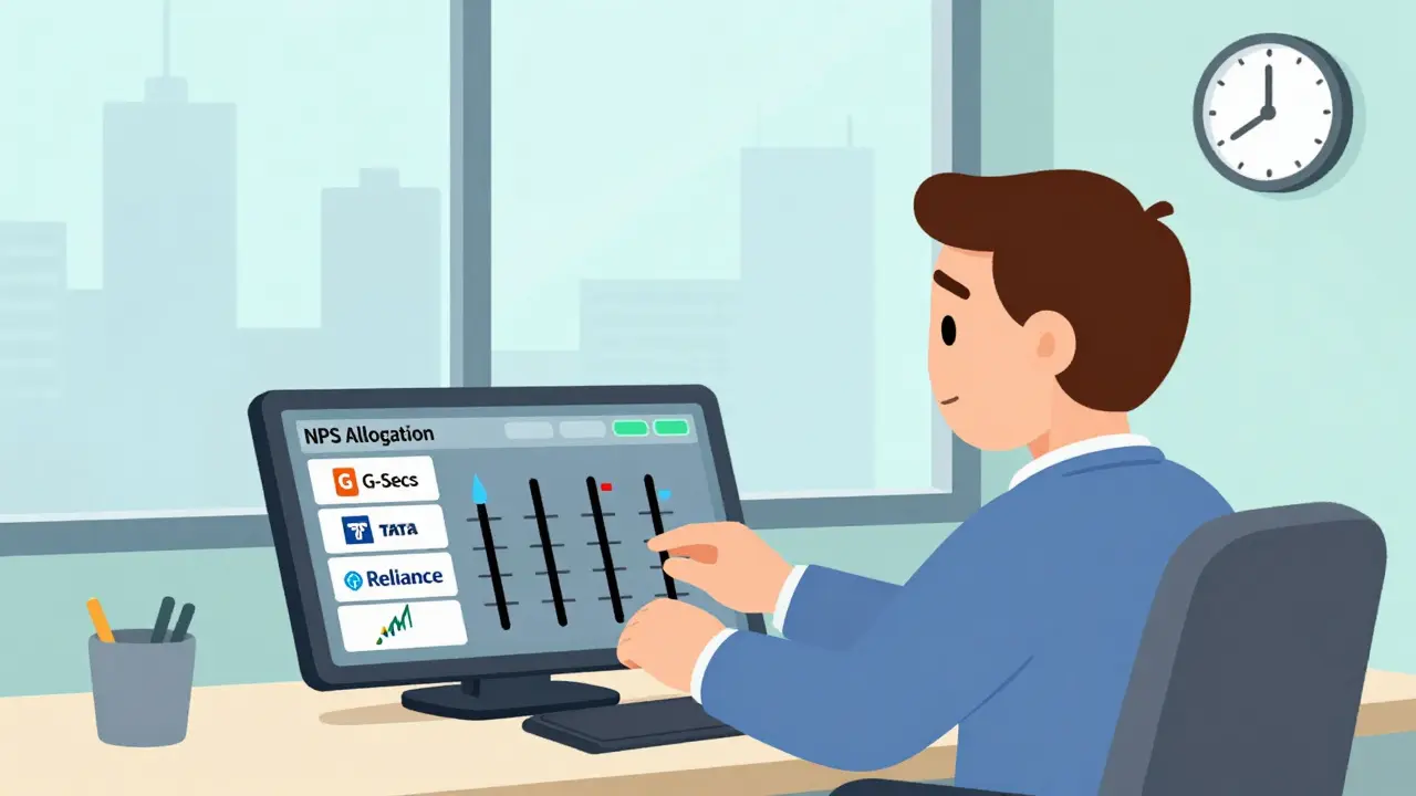 Middle-aged person adjusting NPS allocation sliders with stock, bond, and corporate icons on a dashboard.