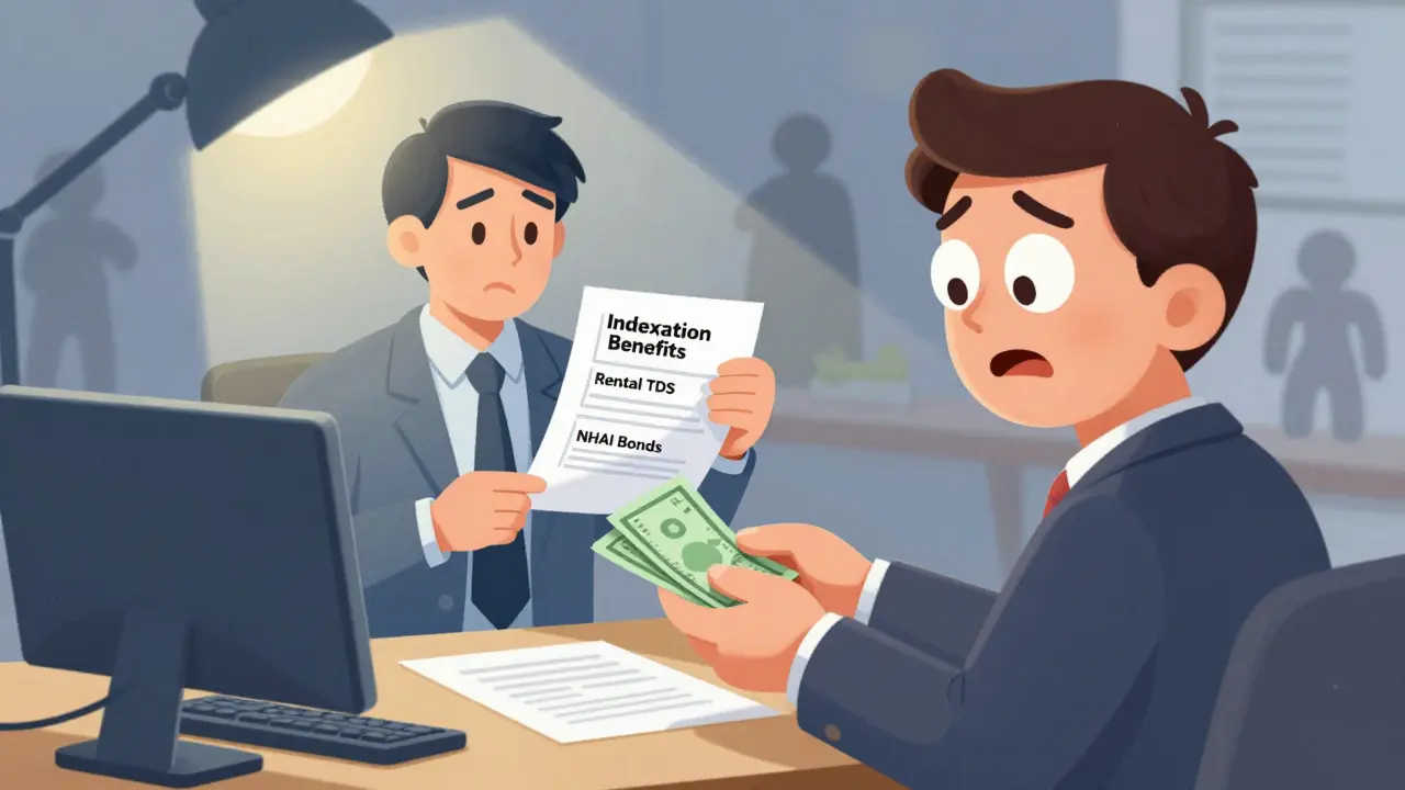 NRI client mistakenly offering cash to agent while accountant organizes tax-compliant documents.