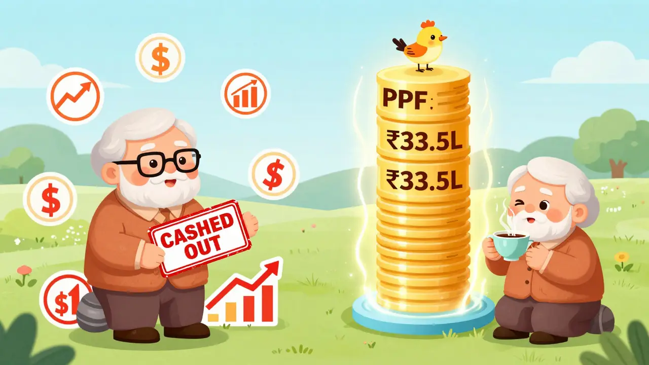 Retiree comparing cashing out PPF vs. letting it grow tax-free with inflation and interest visuals.