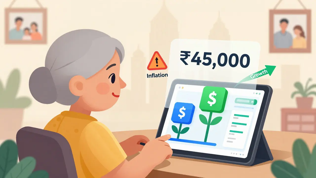 Retiree watching her mutual fund portfolio grow on a tablet with monthly cash flow and inflation counteracted by growth arrows.