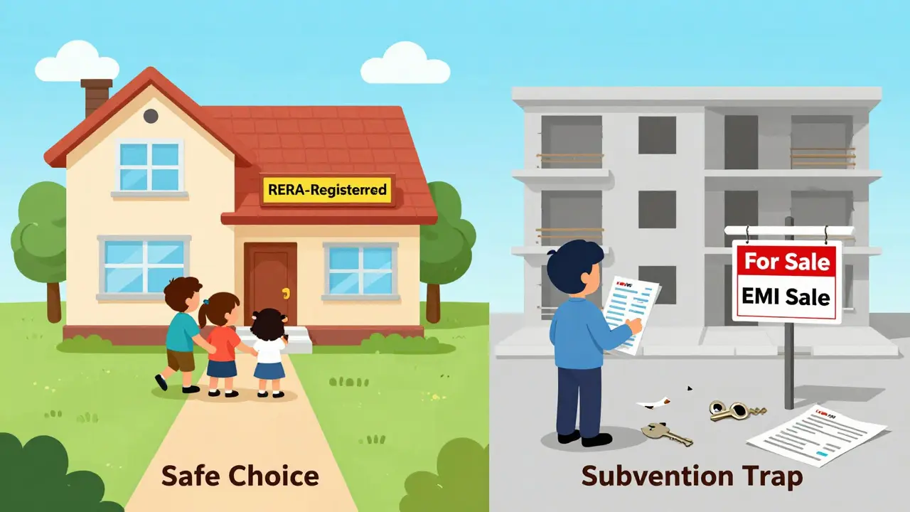 Split scene: happy family in completed home vs. lonely person facing unfinished building.