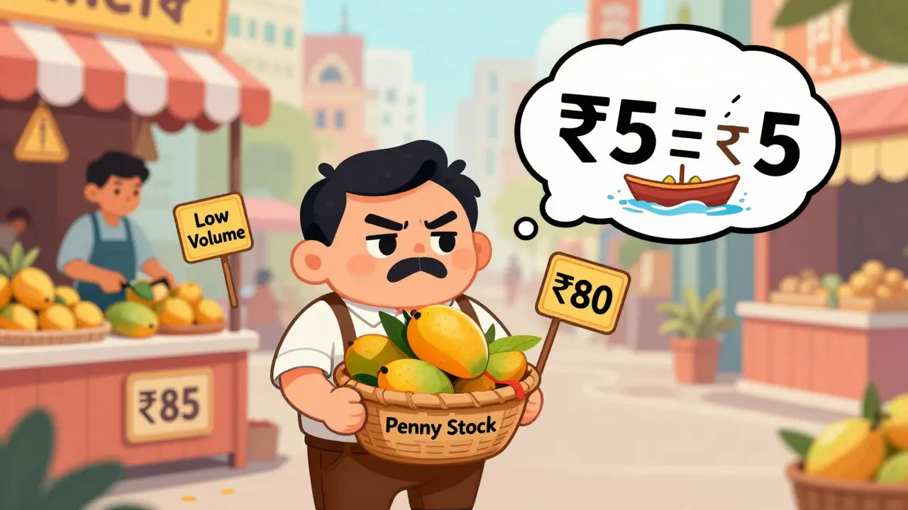 Trader holding mangoes with a ₹5 price gap, symbolizing bid-ask spread in illiquid stocks.