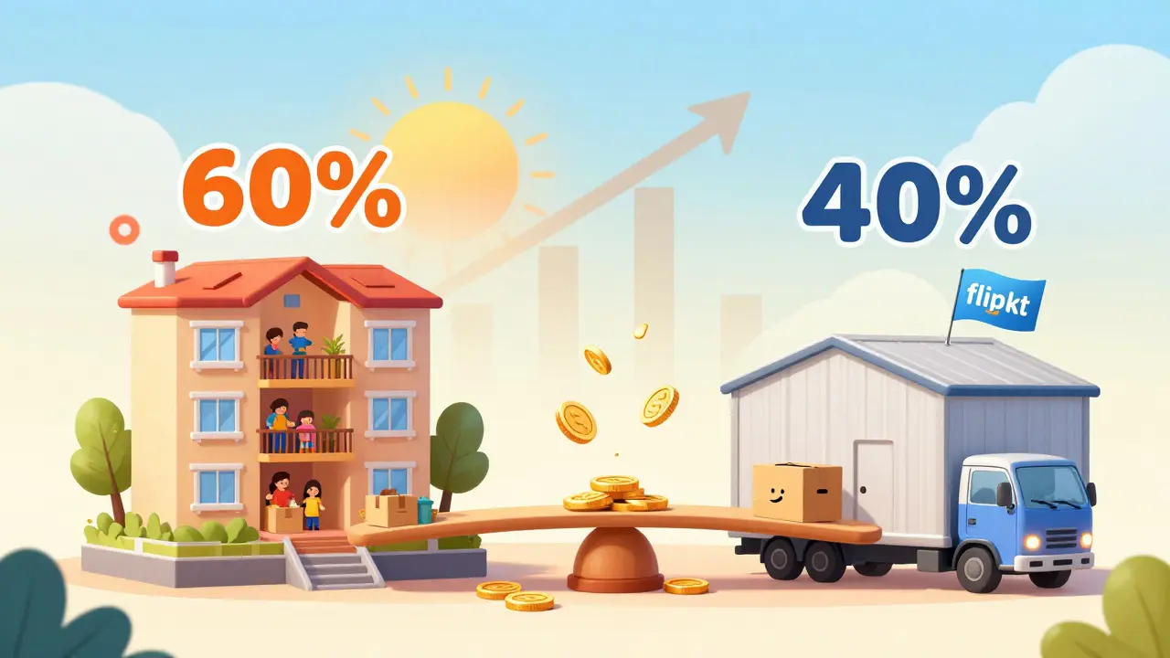 A balanced real estate portfolio shows residential units and commercial warehouses growing together under a rising sun in India.