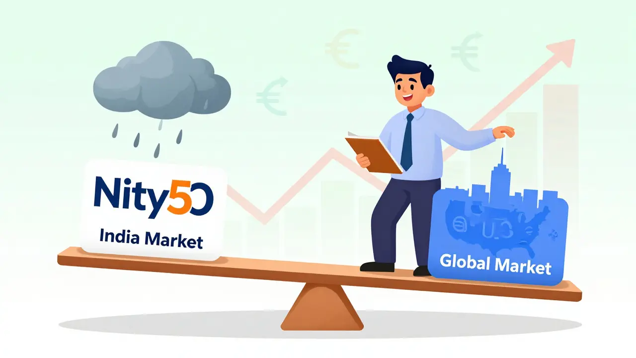 A balanced seesaw shows Indian and global markets with a person adjusting weights to illustrate portfolio diversification.